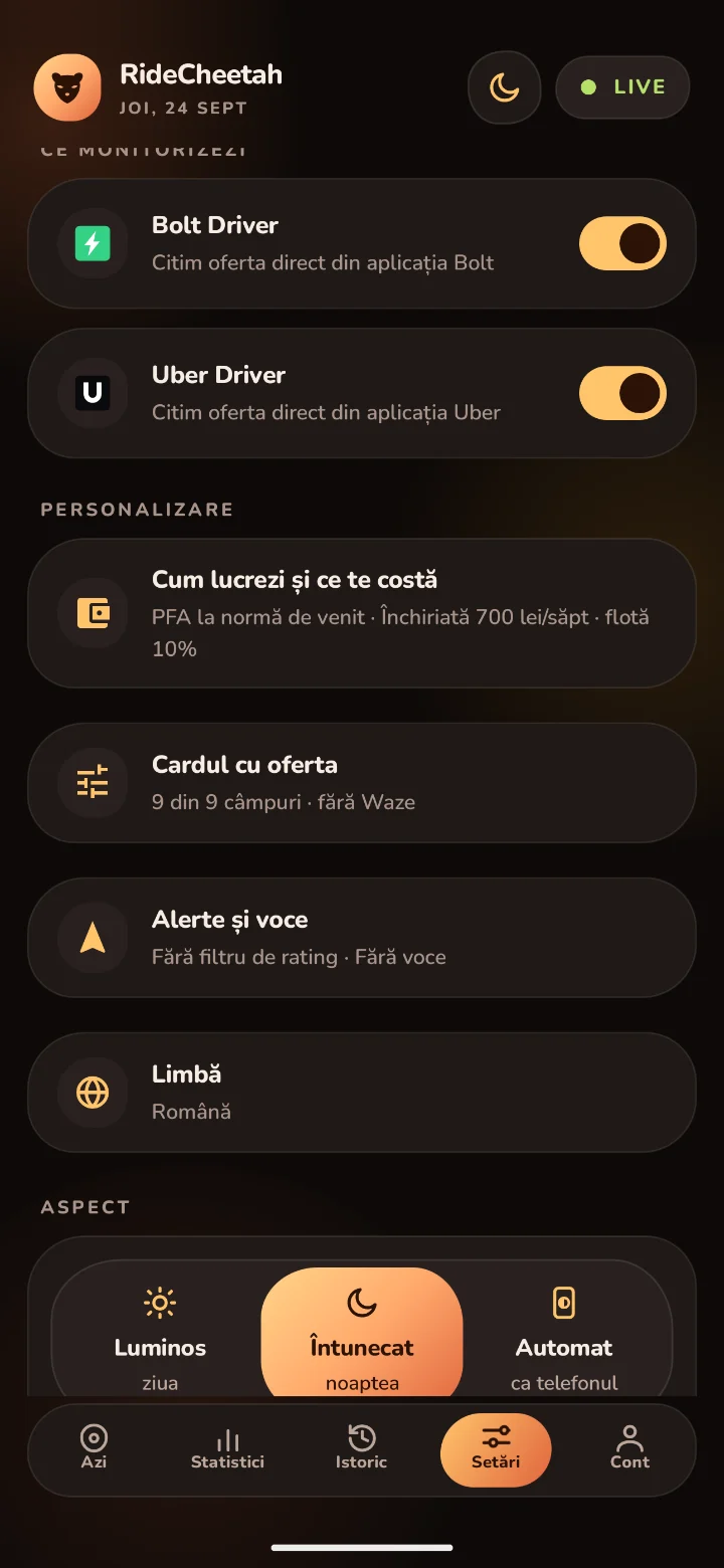 Fila Setări: Uber Driver și Bolt Driver, Cum lucrezi, limba și aspectul luminos, întunecat sau automat