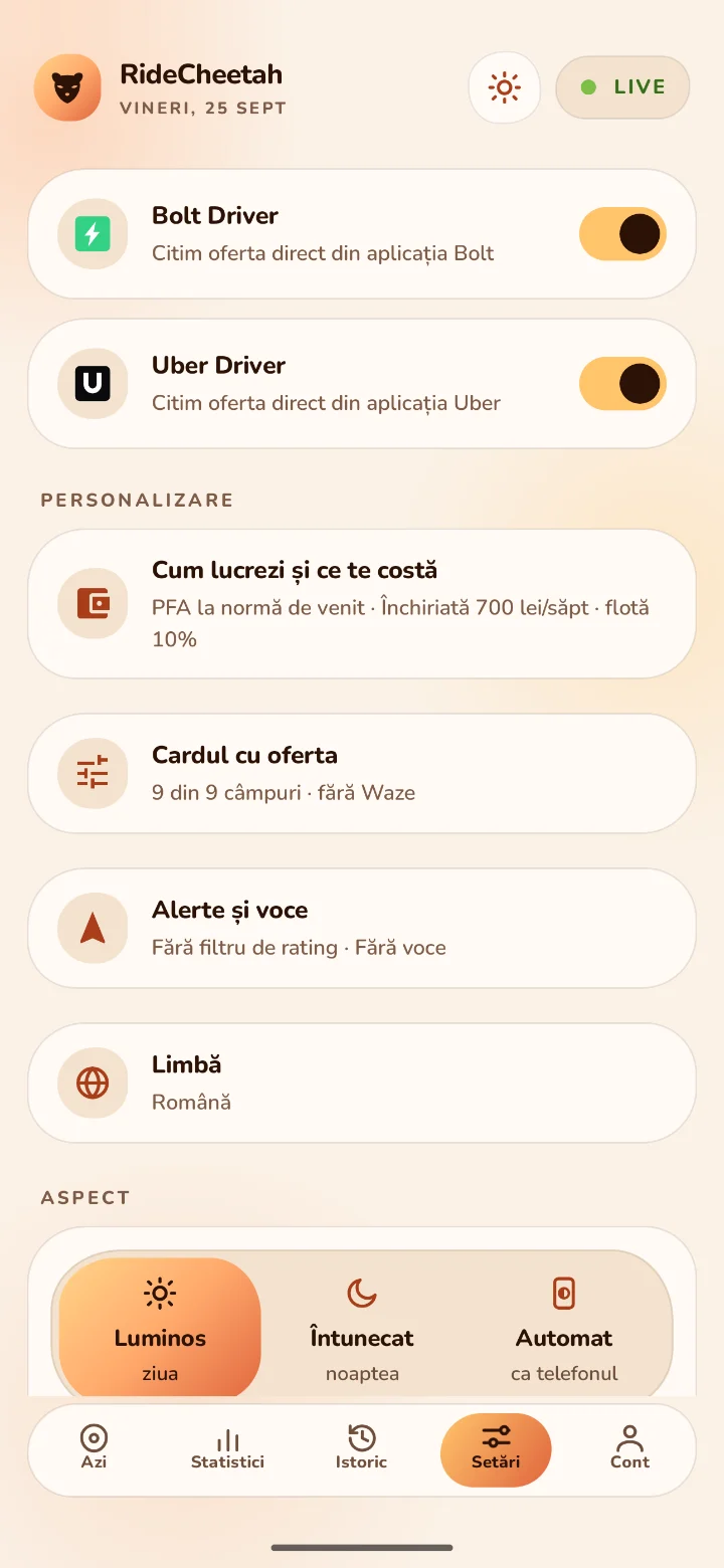 Fila Setări: Uber Driver și Bolt Driver, Cum lucrezi, limba și aspectul luminos, întunecat sau automat